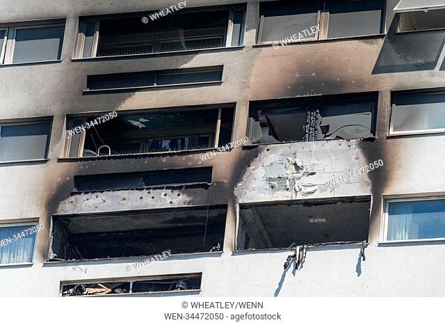 Scene of fire on 12th floor flat in Grafton House, Wellington Street, Bow, East London. Featuring: Atmosphere, View Where: London, England