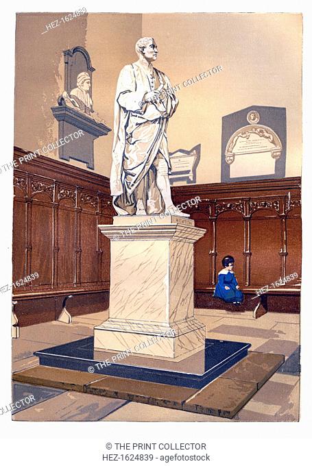 Statue of Sir Isaac Newton in the chapel of Trinity College, Cambridge, c1850. Newton's discoveries were prolific and exerted a huge influence on science and...