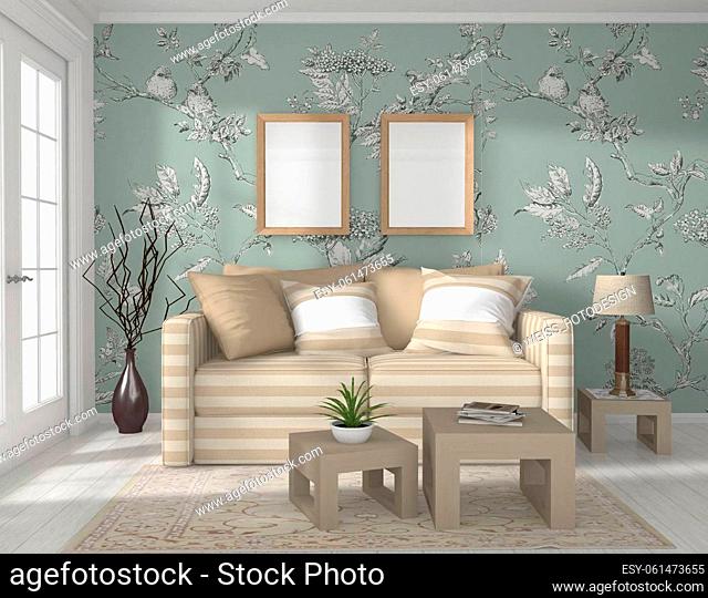 mock up 2 frames on the wall in modern living room, 3D rendering, 3D illustration