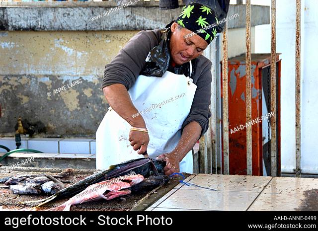 A woman fish monger gutting recently caught snoek fish to sell at the Kalk Bay harbour in Cape Town, Western Cape