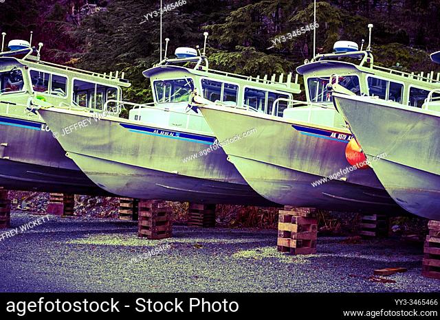 Commercial charter boats lined up in storage for the off-season in Sitka, Alaska, USA.Fishing in Sitka! Believe it or not, Sitka is America's largest city