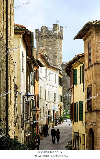 Residential buildings and a historic watchtower; Montalcino, Tuscany, Italy