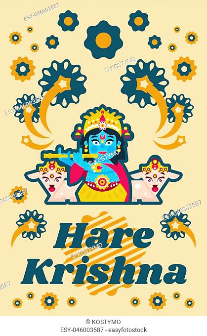Creative poster illustration on Hare Krishna. Lord Krishna sitting in the lotus position, in jewelry, plays the flute in goats environment