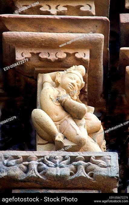 Charming, elegantly posed stone sculpture at Chaturbhuj Temple, Khajuraho, Madhya Pradesh, India, Asia