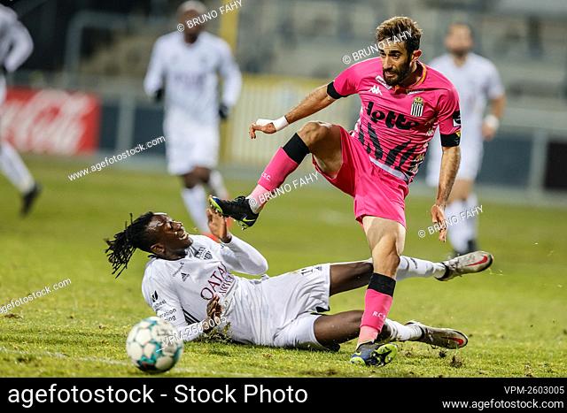 Eupen's Amara Baby and Charleroi's Ali Gholizadeh fight for the ball during a soccer match between KAS Eupen and Sporting Charleroi