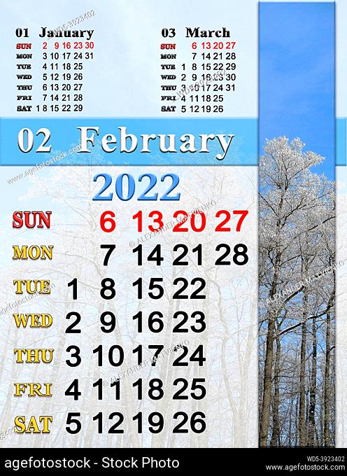 calendar for February 2022 with trees covered by hoarfrost. Photo calendar 2022. Simple Calendar. Printable. Letter size. Office planner. Sunday start