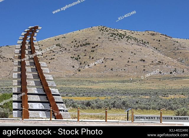 Promontory Summit, Utah - The ""Monument to Their Memory"" at Golden Spike National Historic Park, where the first transcontinental railroad tracks were...