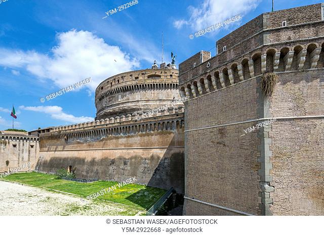 The Mausoleum of Hadrian, usually known as Castel Sant'Angelo a towering cylindrical building in Parco Adriano, Rome, Lazio, Italy, Europe