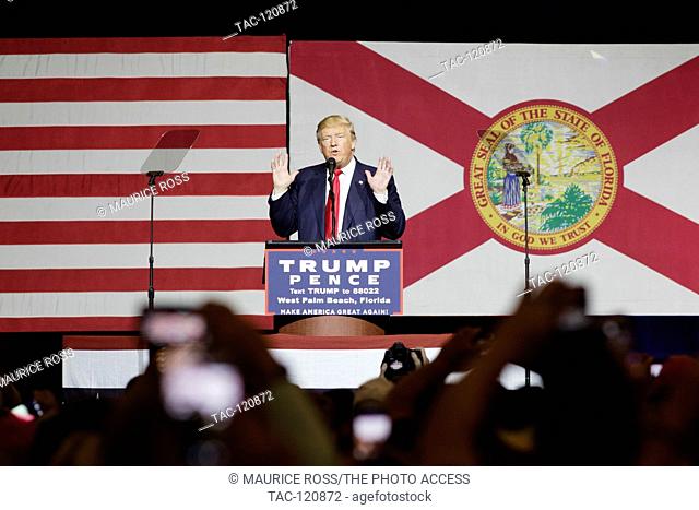 Donald J Trump speaking to supporters at his campaign rally on October 13, 2016 at the South Florida Fair Grounds in West Palm Beach Florida