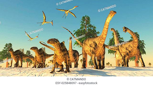 Quetzalcoatlus flying reptiles join Tenontosaurus and Argentinosaurus dinosaurs on a migration in search of water