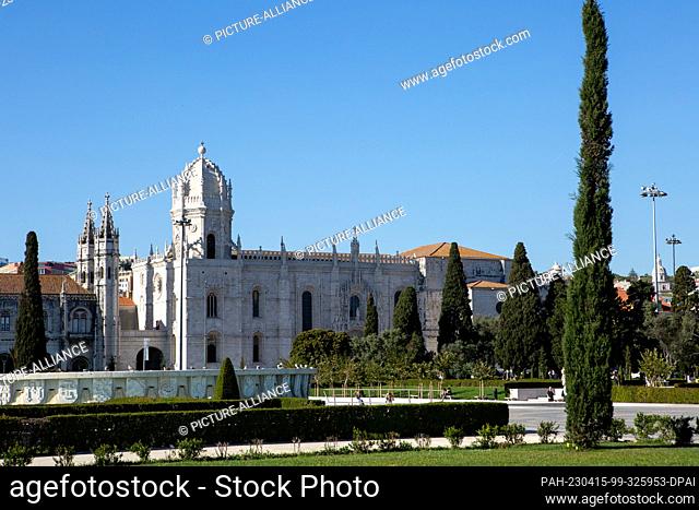 PRODUCTION - 06 April 2023, Portugal, Lissabon: The monastery ""Mosteiro de Jeronimos"" in the district of Belem with the monastery church Santa Maria de Belem