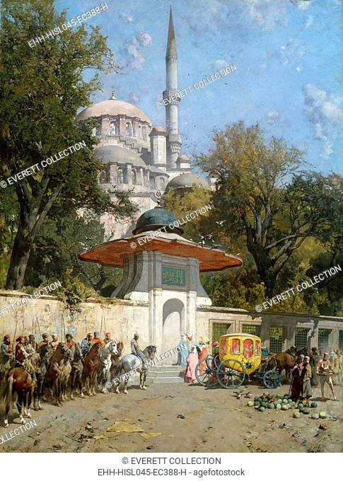 A MOSQUE, by Alberto Pasini, 1872, Italian painting, oil on canvas. Four Islamic women of the Imperial Household enter the Yeni Valide Mosque at Eminonu