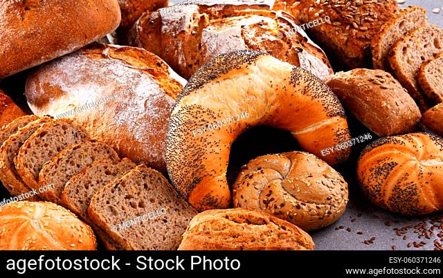 Assorted bakery products including loafs of bread and rolls