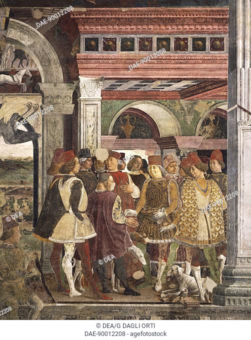 Borso d'Este giving a coin to the court jester, scene from Month of April, ca 1470, by Francesco del Cossa (ca 1435-1477), fresco, east wall, Hall of the Months
