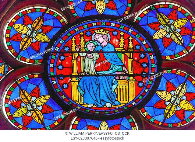 Virgin Mary Jesus Christ Stained Glass Notre Dame Cathedral Paris France. Notre Dame was built between 1163 and 1250AD