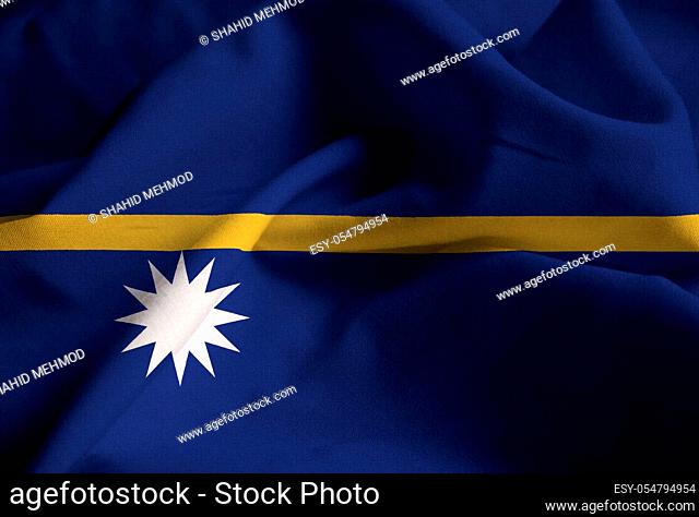 Closeup of Ruffled Nauru Flag, Nauru Flag Blowing in Wind