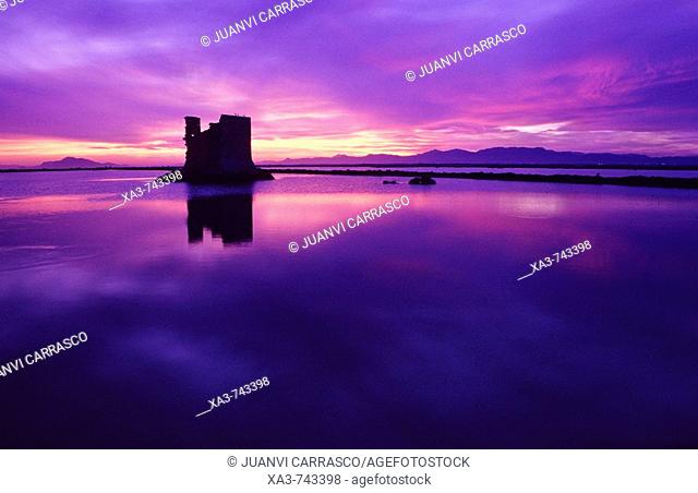 Tamarit tower at sunset , Santa Pola salt lagoons , Alicante province , Comunidad valenciana , Spain