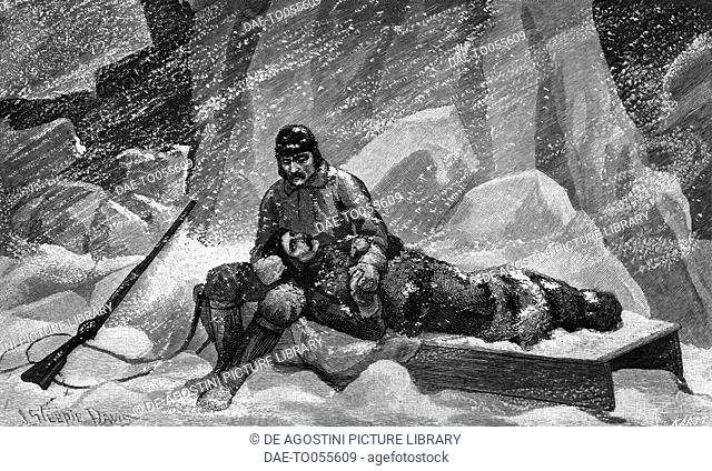 Rice's death at Baird Bay, April 1884, Alaska, illustration from Three Years of Arctic Service, by Adolphus Washington Greely (1844-1935) edition published in...