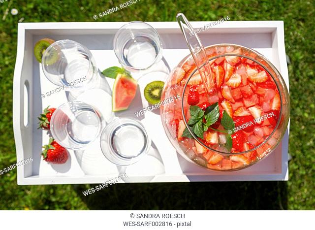 Watermelon strawberry kiwi bowle on tray