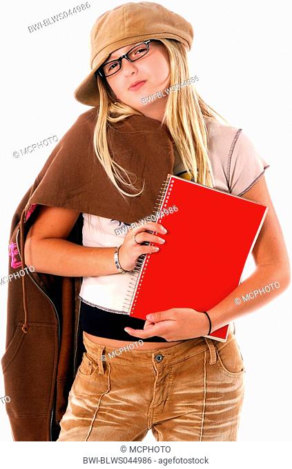 Stylish young Middle School student with text books in her arm and her coat over her shoulder