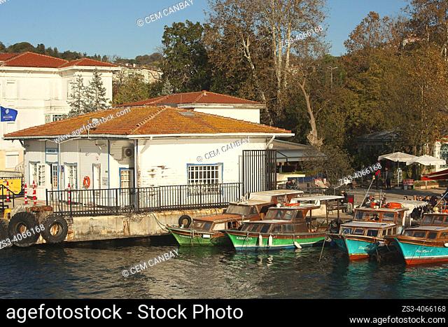 View of the traditional seaside residences and the pier in Kanlica village, a neighbourhood on the Asian side of the Bosphorus in Beykoz district with fishing...