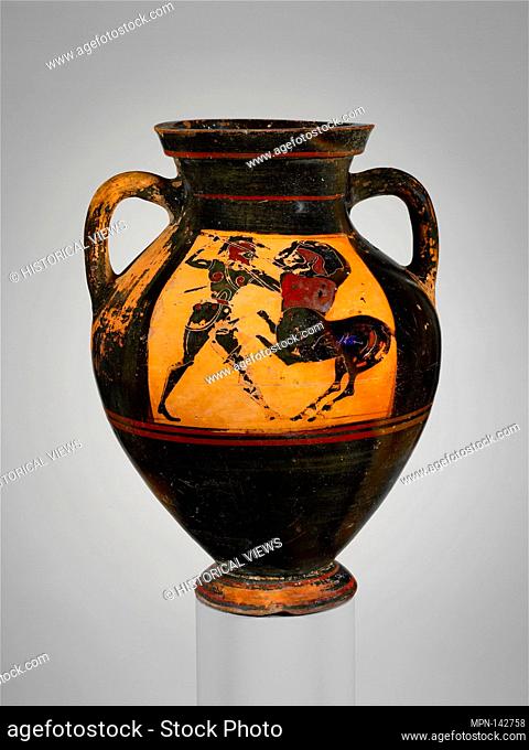 Terracotta amphora (jar). Period: Archaic; Date: ca. 560-550 B.C; Culture: Greek, Attic; Medium: Terracotta; black-figure; Dimensions: H. 14 5/8 in