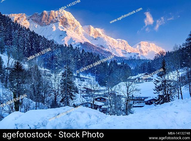 snow-covered high valley of maria gern with untersberg 1973m at sunrise, berchtesgaden, berchtesgaden alps, berchtesgadener land, upper bavaria, bavaria