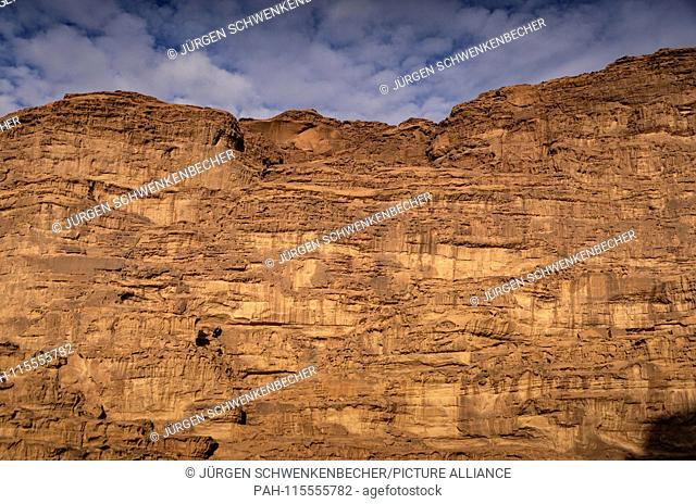 Impressive rock formations belong to the Wadi Rum desert in southern Jordan. The desert is one of the country's most important tourist destinations