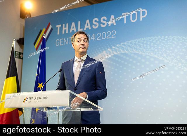 Prime Minister Alexander De Croo pictured during a press conference after the Thalassa Top, a joint meeting of the Belgian and Dutch governments, in Gent