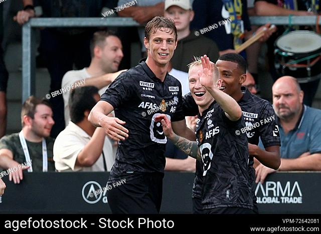 Mechelen's Lion Lauberbach celebrates after scoring during a soccer match between KVC Westerlo and KV Mechelen, Saturday 26 August 2023 in Westerlo