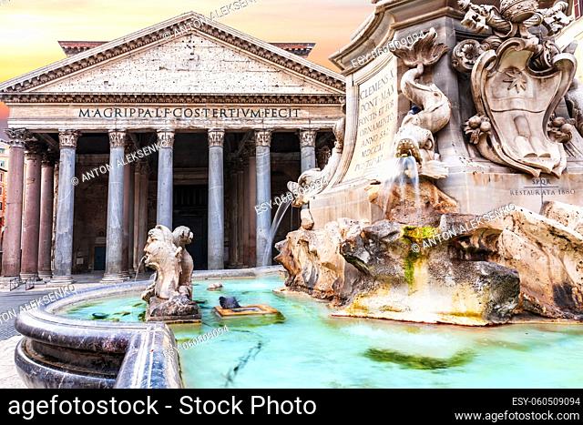 The Fountain with obelisk and The Pantheon in the Rotonda Square, Rome, Italy