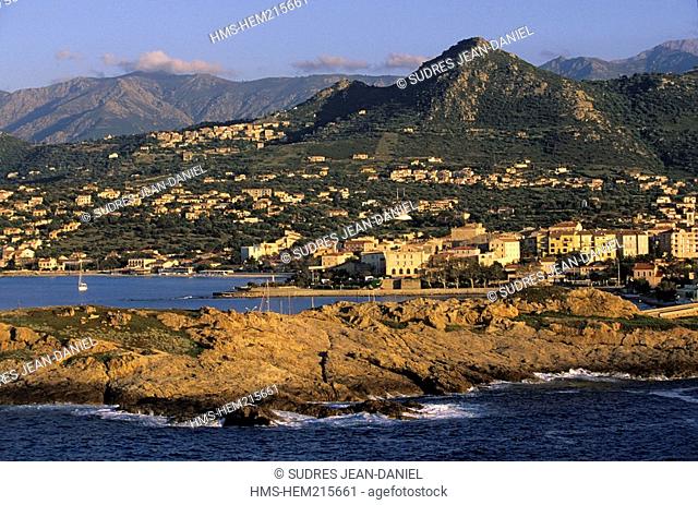 France, Haute Corse, Balagne region, L'Ile Rousse, Ile de la Pietra and Balagne summits in the background