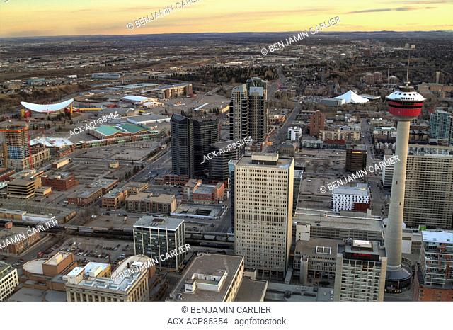 The Saddledome, stampede grounds, Calgary Tower, Talisman Centre and west downtown Calgary before sunset as seen from the Bow Tower, Alberta, Canada