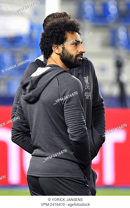 Liverpool's Mohamed Salah pictured during an inspection of the pitch by English soccer club Liverpool F.C., Tuesday 22 October 2019 in Genk
