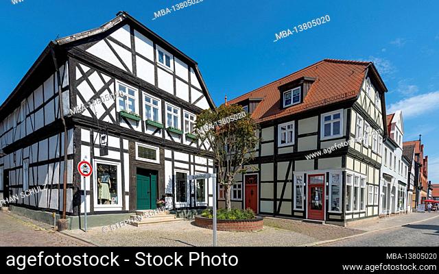 Germany, Saxony-Anhalt, Tangermünde, half-timbered houses in the historic old town of the Hanseatic city of Tangermünde