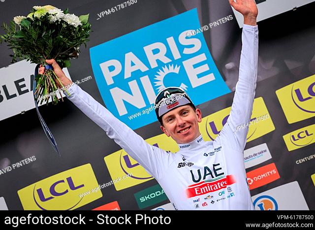Slovenian Tadej Pogacar of UAE Team Emirates pictured on the podium after the second stage of the 81st edition of the Paris-Nice eight days cycling race