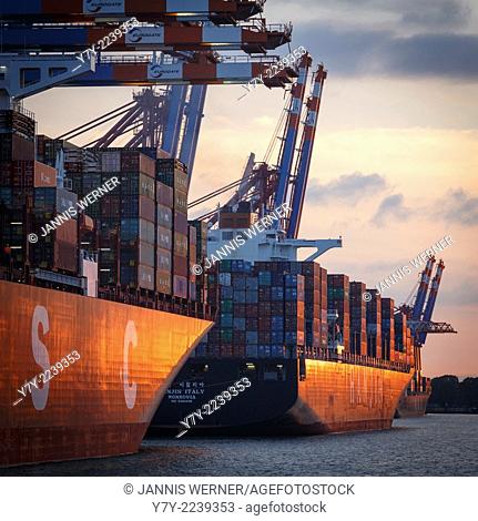 Ships at the Eurogate and Burchardkai container terminals in the port of Hamburg, Germany, at sunset
