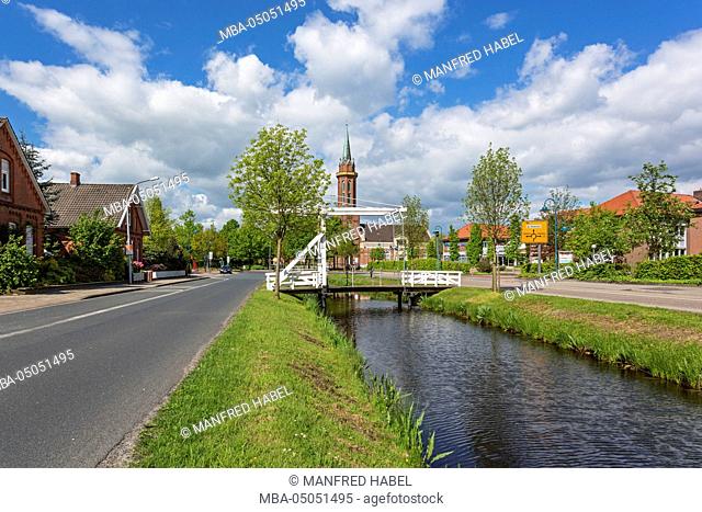 Westrhauderfehnkanal (canal), Bascule bridge, Evangelical-Lutheran church of hope, Westrhauderfehn, Rhauderfehn, Overledingerland, Eastern Frisia, Lower Saxony