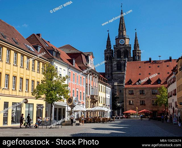 Martin-Luther-Platz with a view of St. Gumbertus, town house, Margrave Georg Fountain and town hall, Ansbach, Middle Franconia, Franconia, Bavaria, Germany