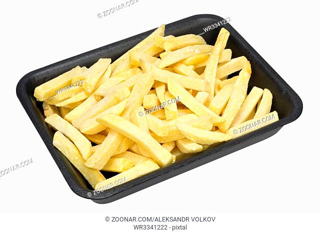 The frozen French fries potato strips for a browning in the boiling oil in stabdard plastic container. Isolated with patch