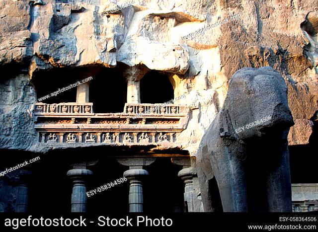 Twin level cave temple. carved in single huge rock, at Ellora in Maharashtra, India, Asia