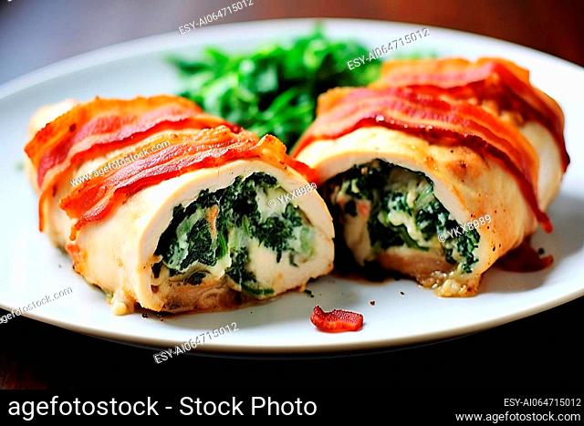 Crispy bacon and spinach stuffed chicken roll ups