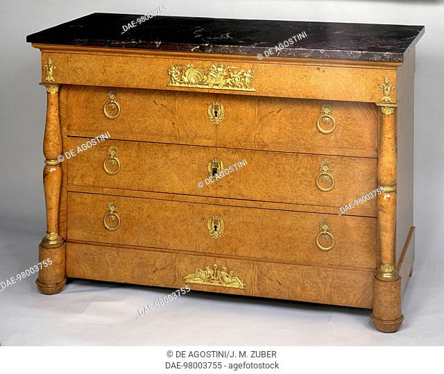 Restoration style (Louis XVIII) burr elm commode with drawers, chiselled and gilt bronze decoration and marble top. France, first half 19th century
