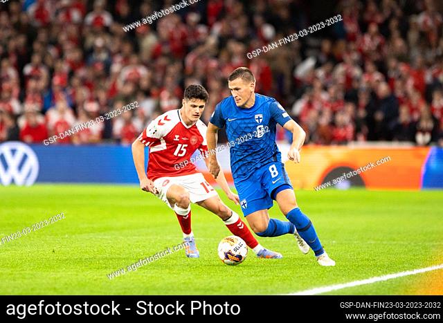 Copenhagen, Denmark. 23rd, March 2023. Robin Lod (8) of Finland seen during the UEFA Euro 2024 qualification match between Denmark and Finland at Parken in...