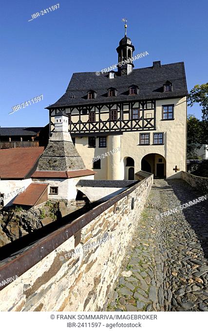 Bridge, bakery with a kitchen chimney and the Amtshaus administrative building or gatehouse, Schloss Burgk Castle, Thuringia, Germany, Europe