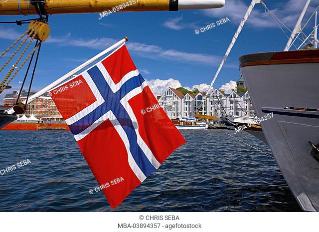 Norway, Stavanger, city view, harbor, ships, detail, ensign, Scandinavia, southwest-coast, city, dock, ships, fisher-boats, ship, aims, anchors, flag, flag