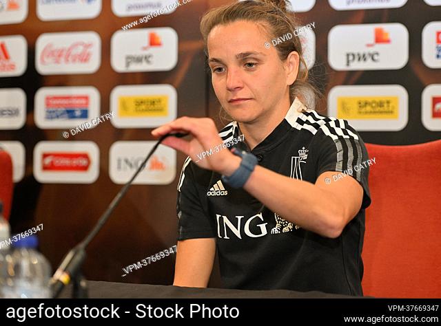 Belgium's Davina Philtjens pictured during a press conference of Belgium's national women's soccer team the Red Flames, Wednesday 20 July 2022 in Wigan, England