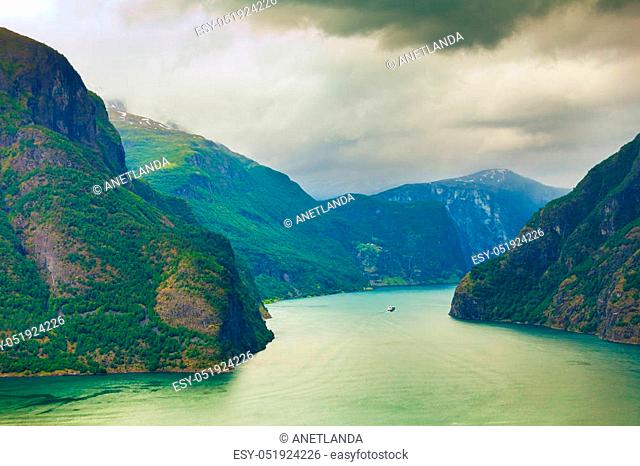 Tourism and travel. Scenic nature landscape. View to picturesque Aurlandfjord and Sognefjord from Stegastein viewpoint, Norway Scandinavia