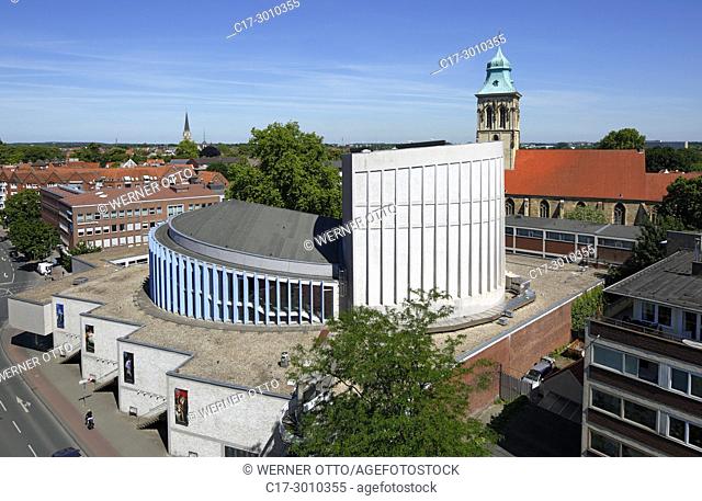 Muenster (Westfalen), D-Muenster, Westphalia, Muensterland, North Rhine-Westphalia, NRW, panoramic view, Theatre Muenster and evangelic church Saint Martini