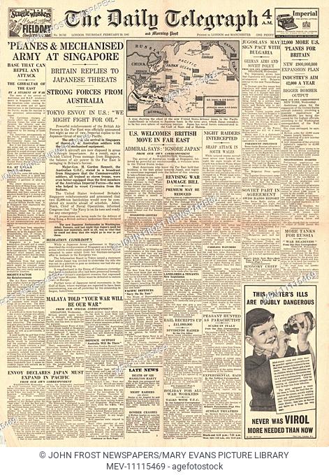 1941 front page Daily Telegraph RAF mass planes in the Far East and Bulgaria mobilising Troops